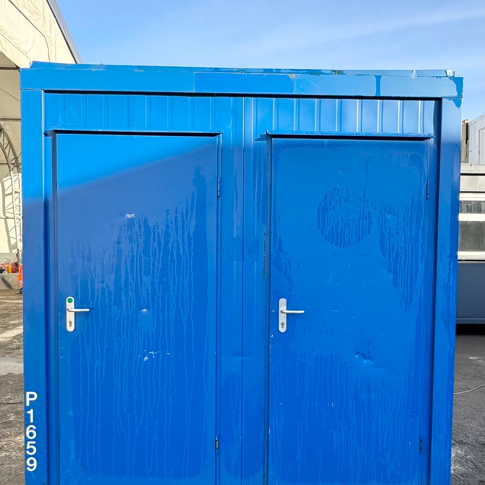 Double Toilet Blocks — Male Female WC — 8x5 Ft — Unrefurbished Portable Toilet Block 1+1 Toilet Blocks — Blue — exterior view