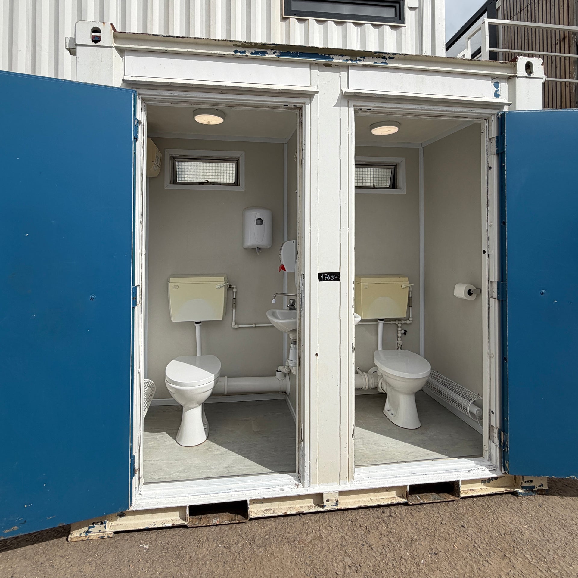 Double Toilet Block — Male & Female WC — 8x5 Ft — Unrefurbished Portable Toilet Block — 1+1 Toilet Block — Blue/White — exterior view